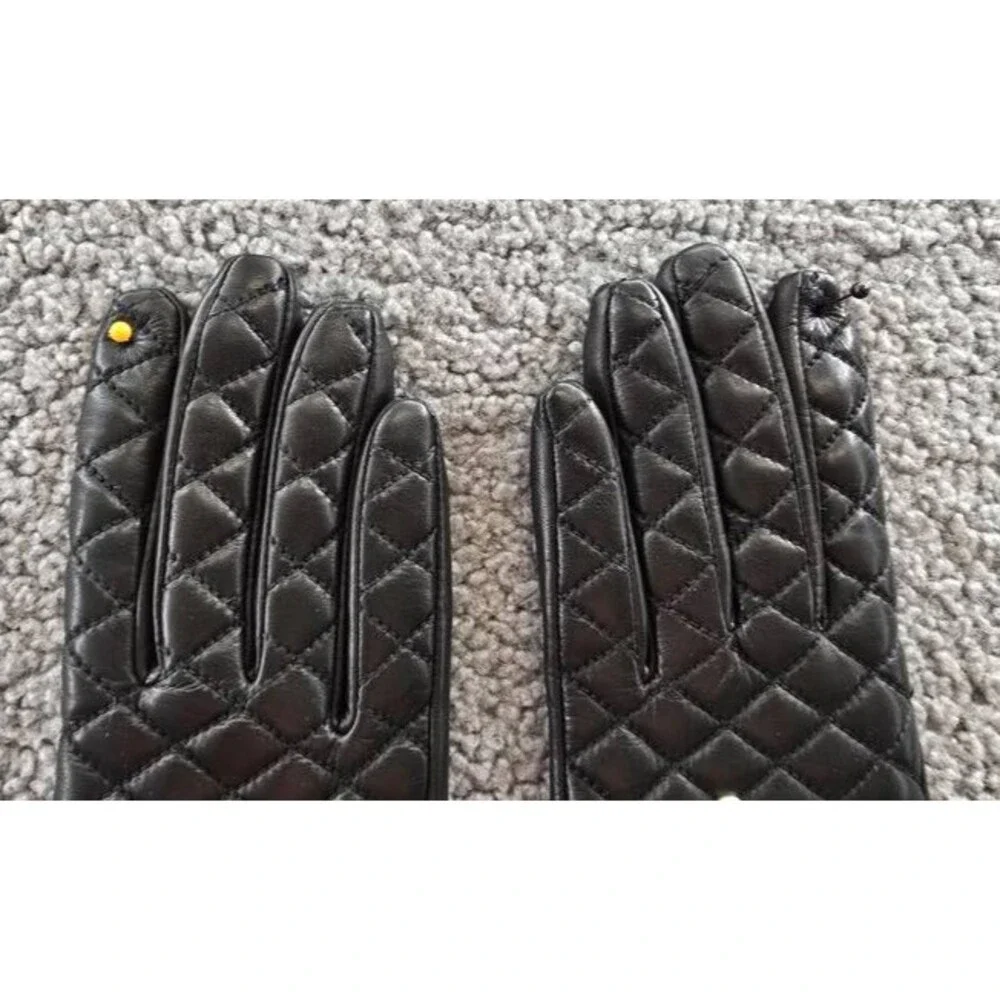 Bloomingdale's Fancy Quilted Leather Gloves Women's 7 Black Faux Pearl Trim